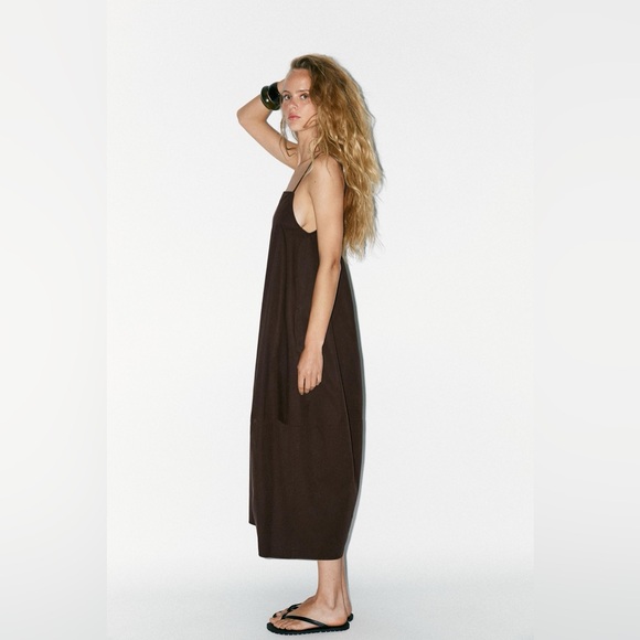 ZARA L Brown 100% cotton voluminous bubble dress with pleats NWT - Picture 3 of 15